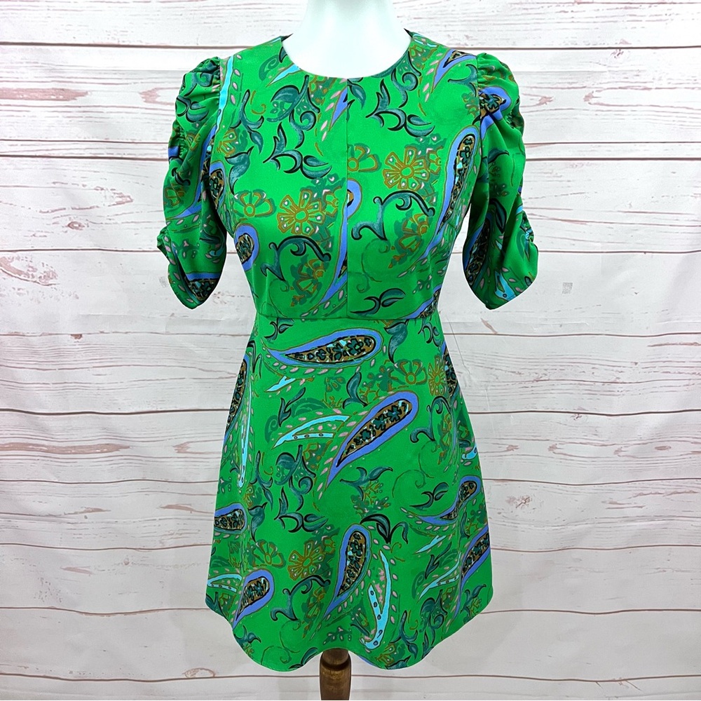 Zara TRF Kelly Green Paisley Ruched Puff Sleeve A-line Mini Dress